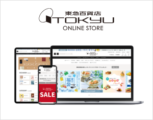 Tokyu Online Store logo above a smartphone, tablet, and laptop showing the store homepage and sale banners.